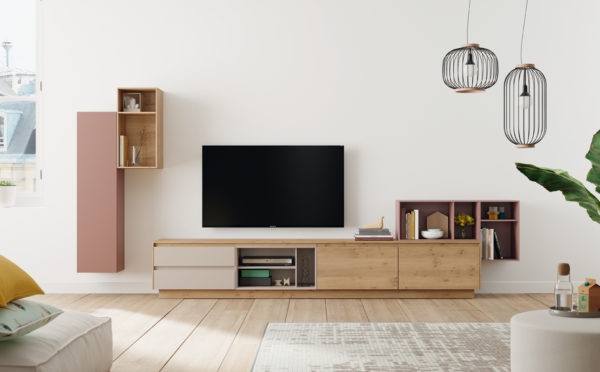Salones: Muebles de salón, módulos TV, aparadores y vitrinas, mesas y sillas comedor, mesas de centro y auxiliares, estanterías, iluminación.